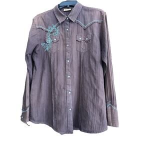 Wrangler Womens Brown Striped Long Sleeve Snap Up Shirt Size Large Embroidered